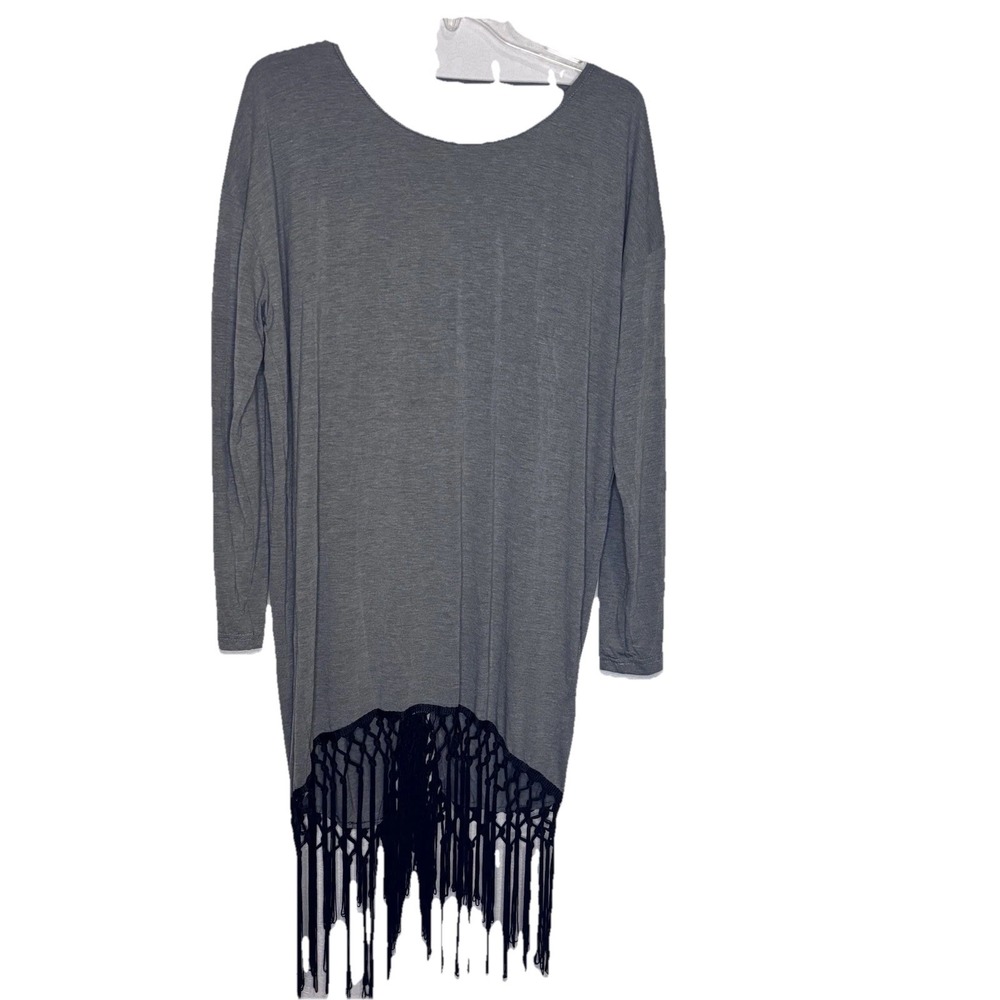 Anthropologie POL Women's Open Back Gray Tunic With Long Fringe, Oversized Small